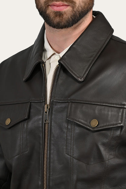 FRYE Men’s Dark Brown Durango Trucker Leather Jacket