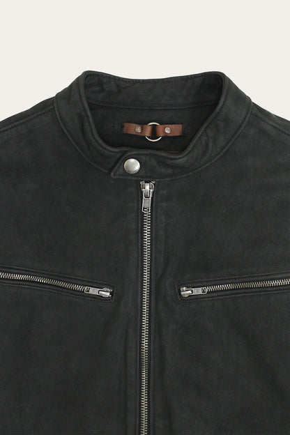 FRYE Men’s Black Cattleman Vintage Cafe Racer Leather Jacket