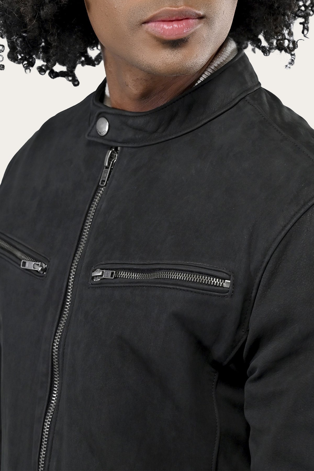 FRYE Men’s Black Cattleman Vintage Cafe Racer Leather Jacket
