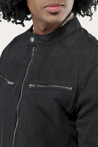 FRYE Men’s Black Cattleman Vintage Cafe Racer Leather Jacket